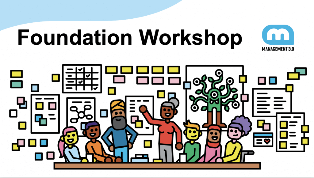 Ein Plakat mit Menschen, die um einen Tisch sitzen für den Management 3.0 Foundation Workshop.