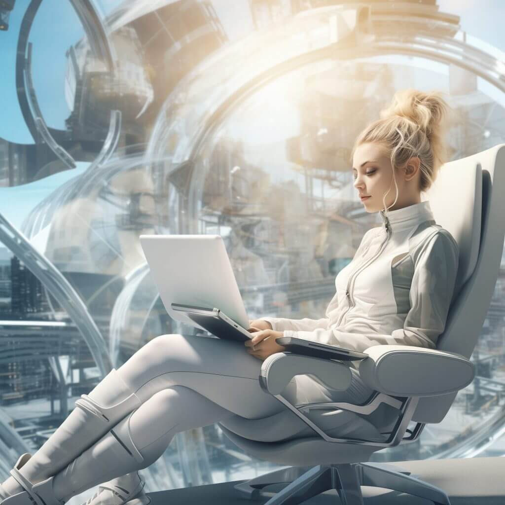 Eine junge Frau sitzt mit einem Laptop auf einem Bürostuhl.