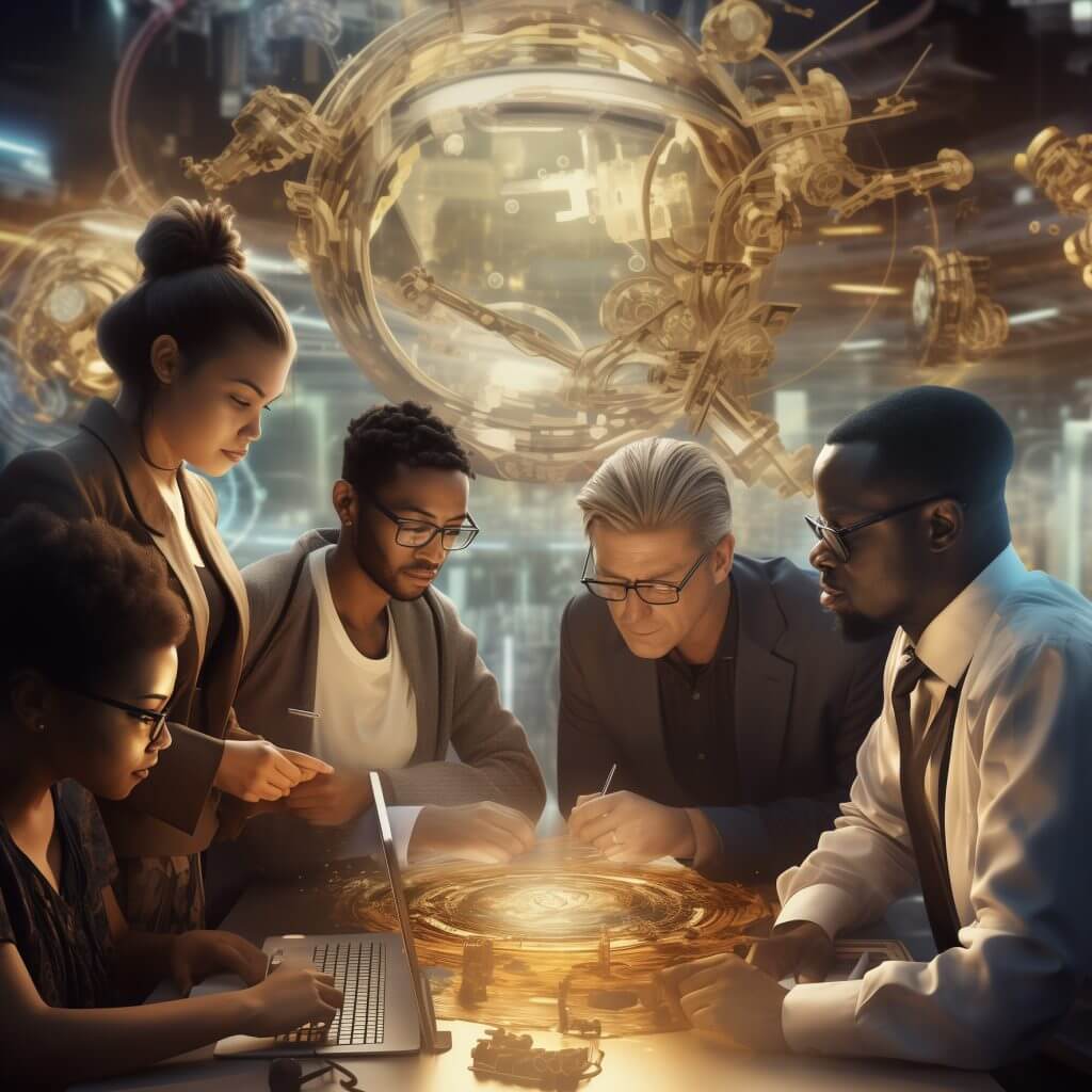 Eine Gruppe von Geschäftsleuten sitzt in einer futuristischen Umgebung an einem Tisch.