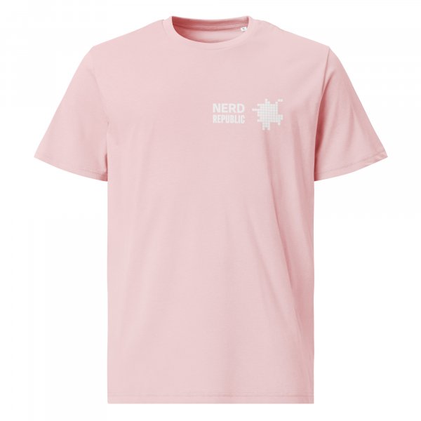Ein rosa T-Shirt mit einem weißen Logo darauf.