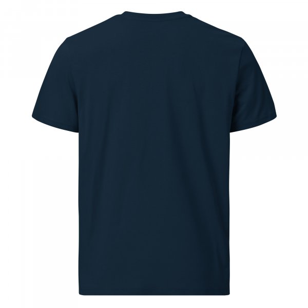Die Rückansicht eines marineblauen Herren-T-Shirts.