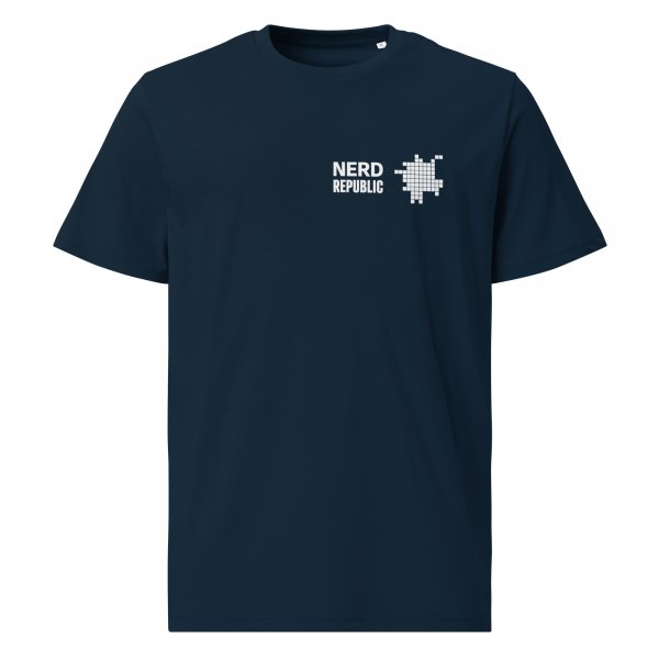 Ein dunkelblaues T-Shirt mit einem weißen Logo darauf.