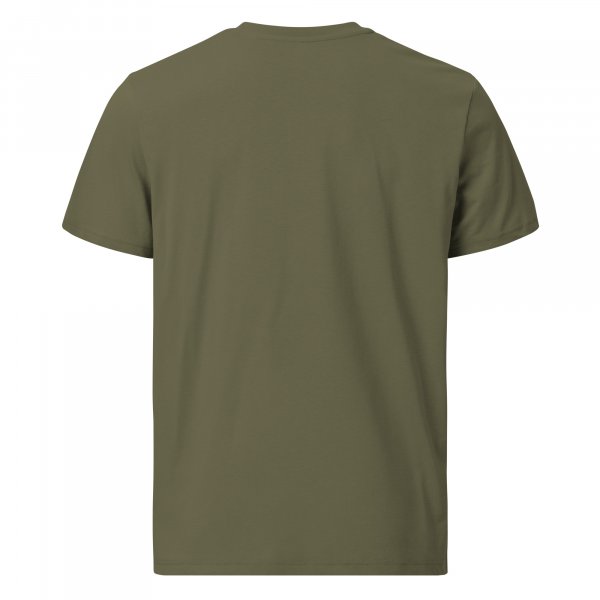 Die Rückansicht eines olivgrünen Herren-T-Shirts.