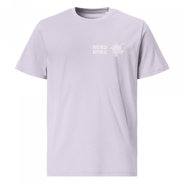 Ein lila T-Shirt mit einem weißen Logo darauf.