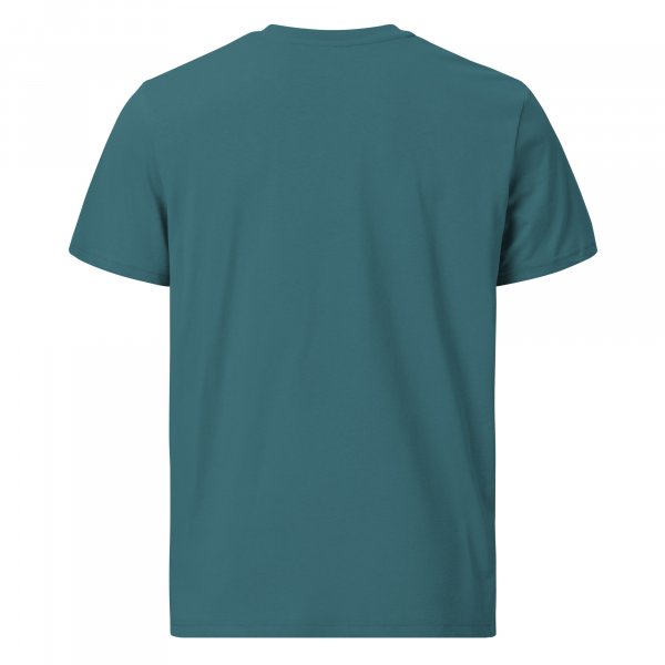 Die Rückansicht eines blaugrünen T-Shirts.