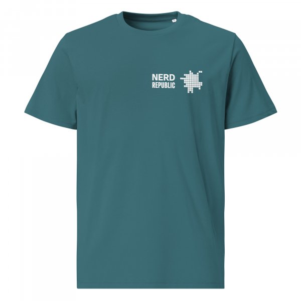 Ein blaugrünes T-Shirt mit einem weißen Logo darauf.