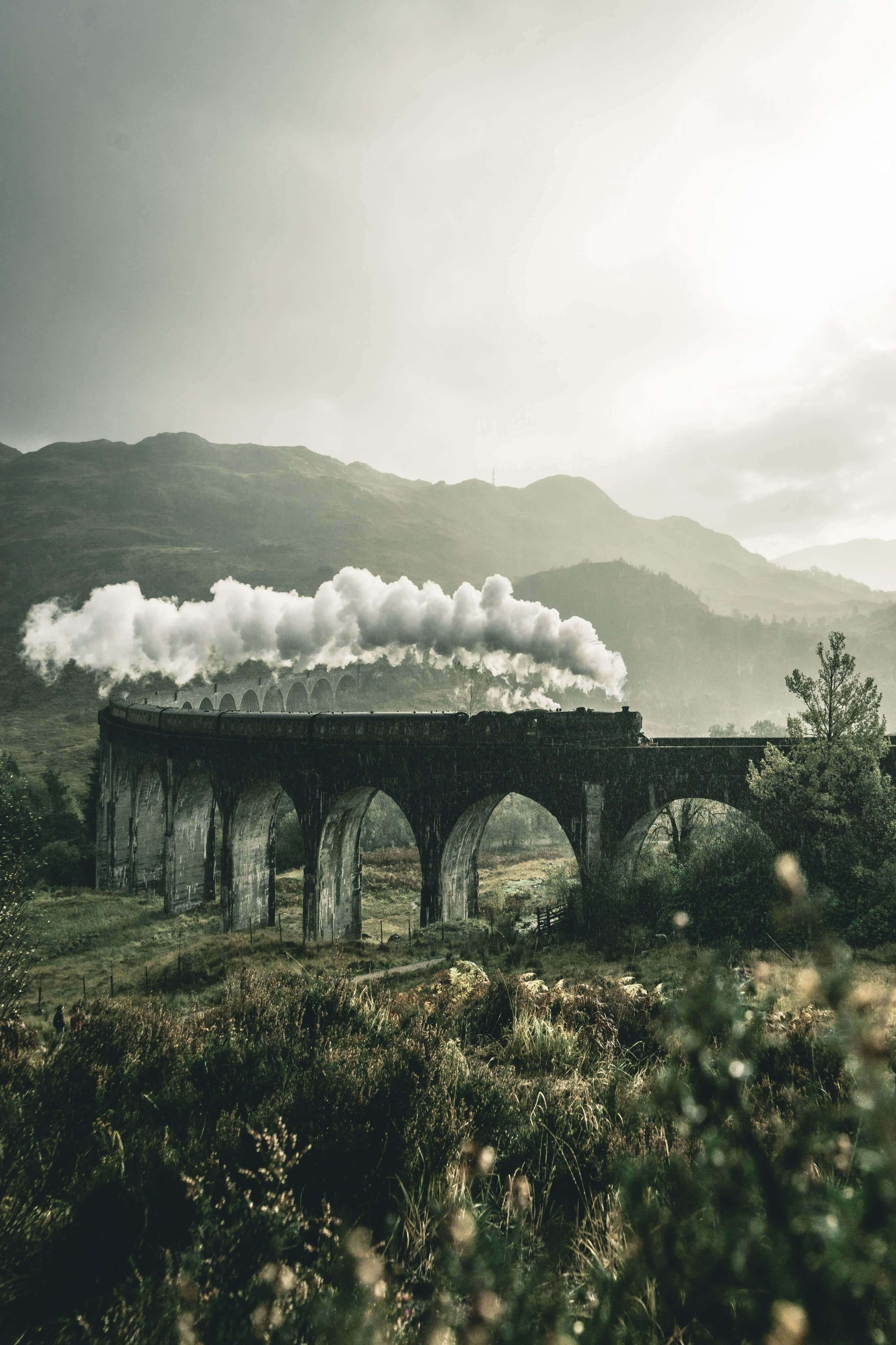 Ein Zug fährt über eine Brücke.