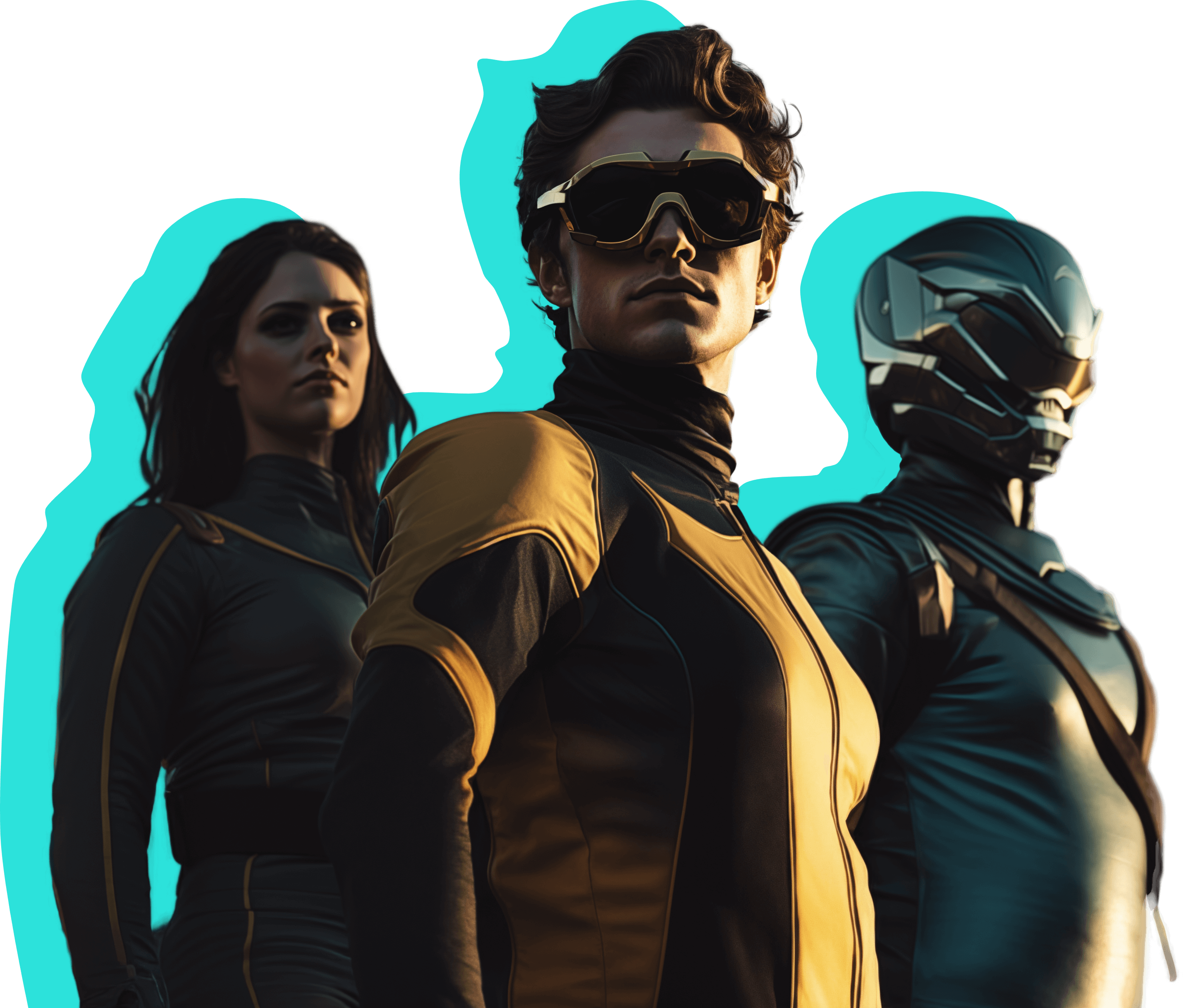 Drei Personen in futuristischen Superhelden-Outfits. Einer trägt eine dunkle Schutzbrille, ein anderer einen Metallhelm und der dritte einen eleganten dunklen Anzug. Türkise Umrisse heben jede Figur hervor.
