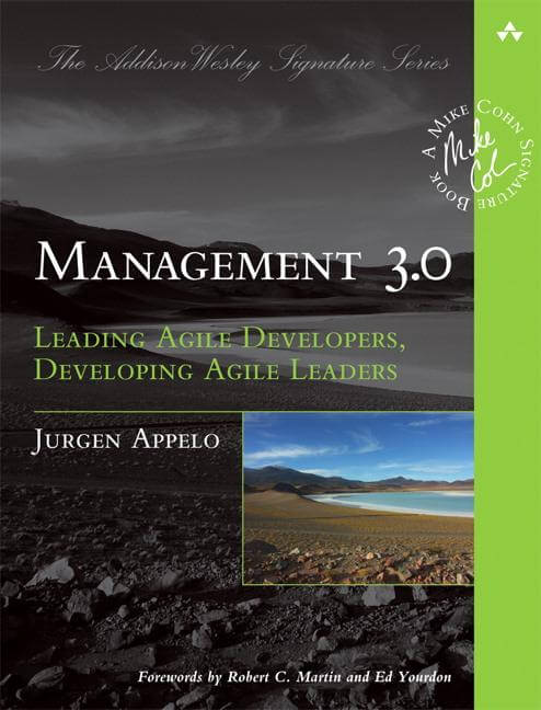 Ein Buchcover mit dem Titel „Management 3.0: Leading Agile Developers, Developing Agile Leaders“ von Jürgen Appelo, mit Querformat-Hintergrund und einer Signatur in der oberen rechten Ecke.