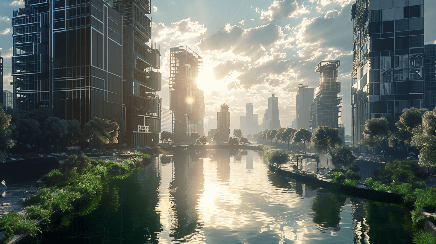 Futuristische Stadtlandschaft mit Sonnenlicht, das zwischen Hochhäusern entlang eines ruhigen Stadtkanals strömt.