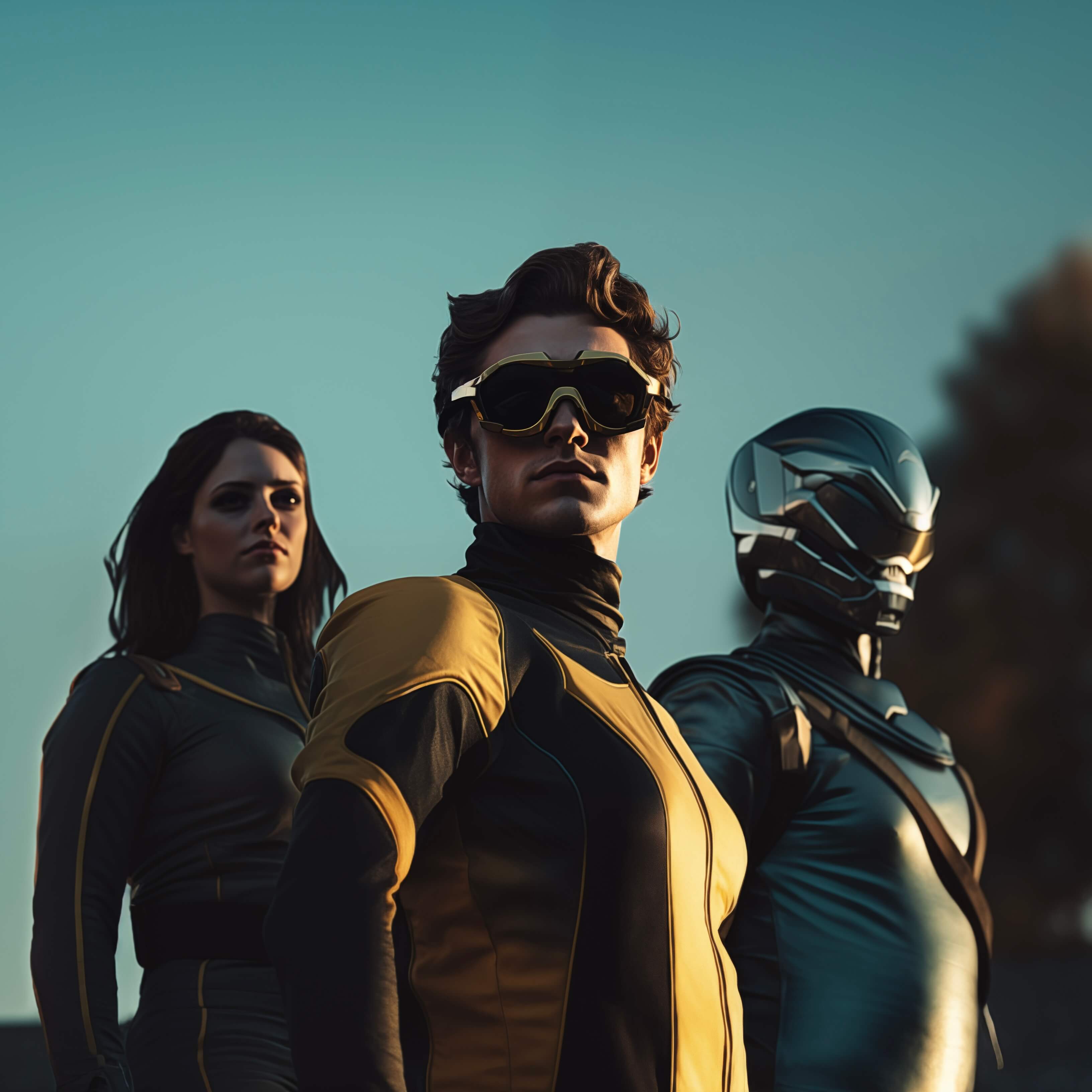 Drei Personen in futuristischen Uniformen stehen selbstbewusst unter einem klaren Himmel. Die Person in der Mitte trägt eine dunkle Schutzbrille, während die Person rechts einen metallischen Helm trägt, der ihr Gesicht bedeckt.