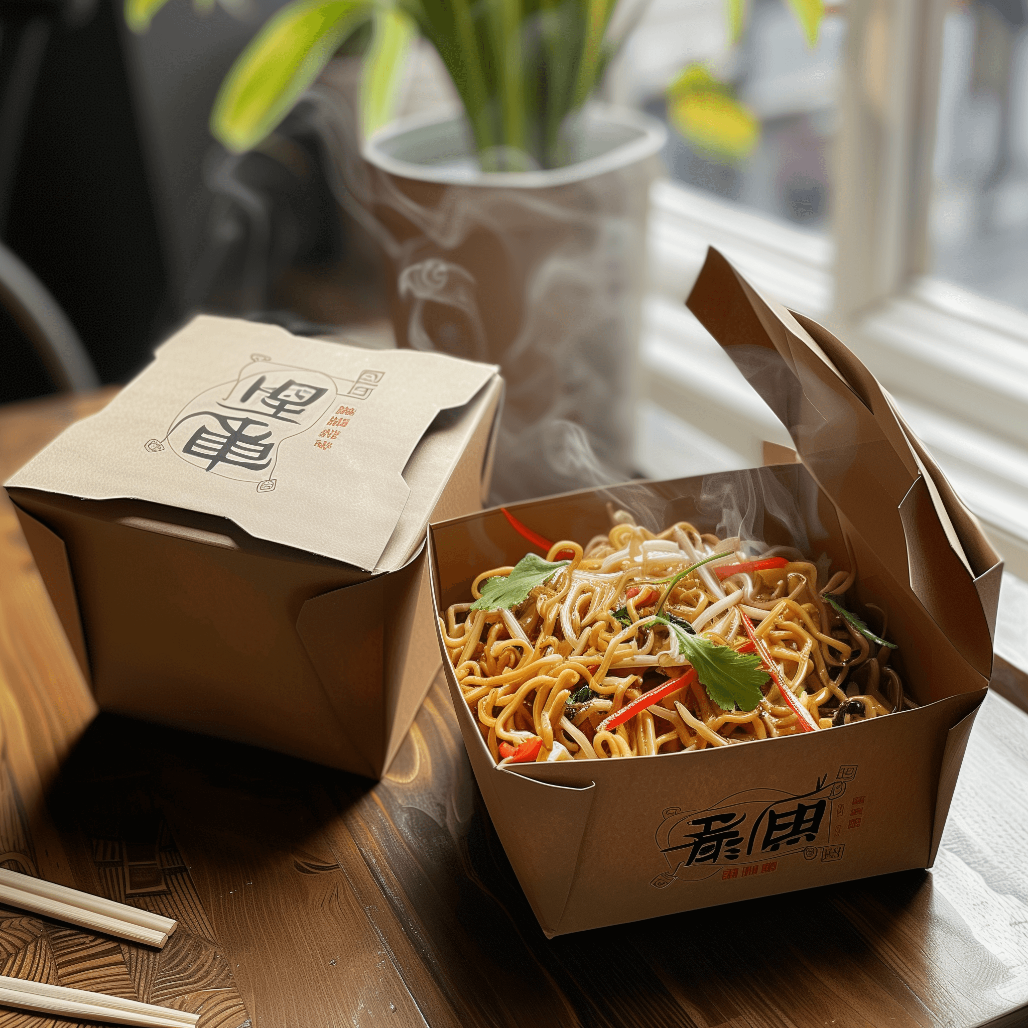 Eine mit dampfenden Nudeln gefüllte, mit Gemüse und Koriander garnierte Take-away-Box steht teilweise geöffnet auf einem Holztisch neben einer geschlossenen Take-away-Box mit chinesischen Schriftzeichen. Essstäbchen liegen in der Nähe.
