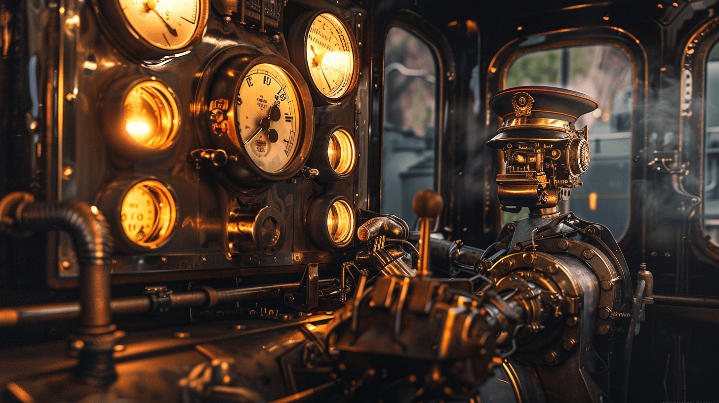 Ein Führerstand einer Dampflokomotive mit beleuchteten Anzeigen und Bedienelementen, der von einem humanoiden Roboter bedient wird, der eine traditionelle Zugführer-Mütze trägt.