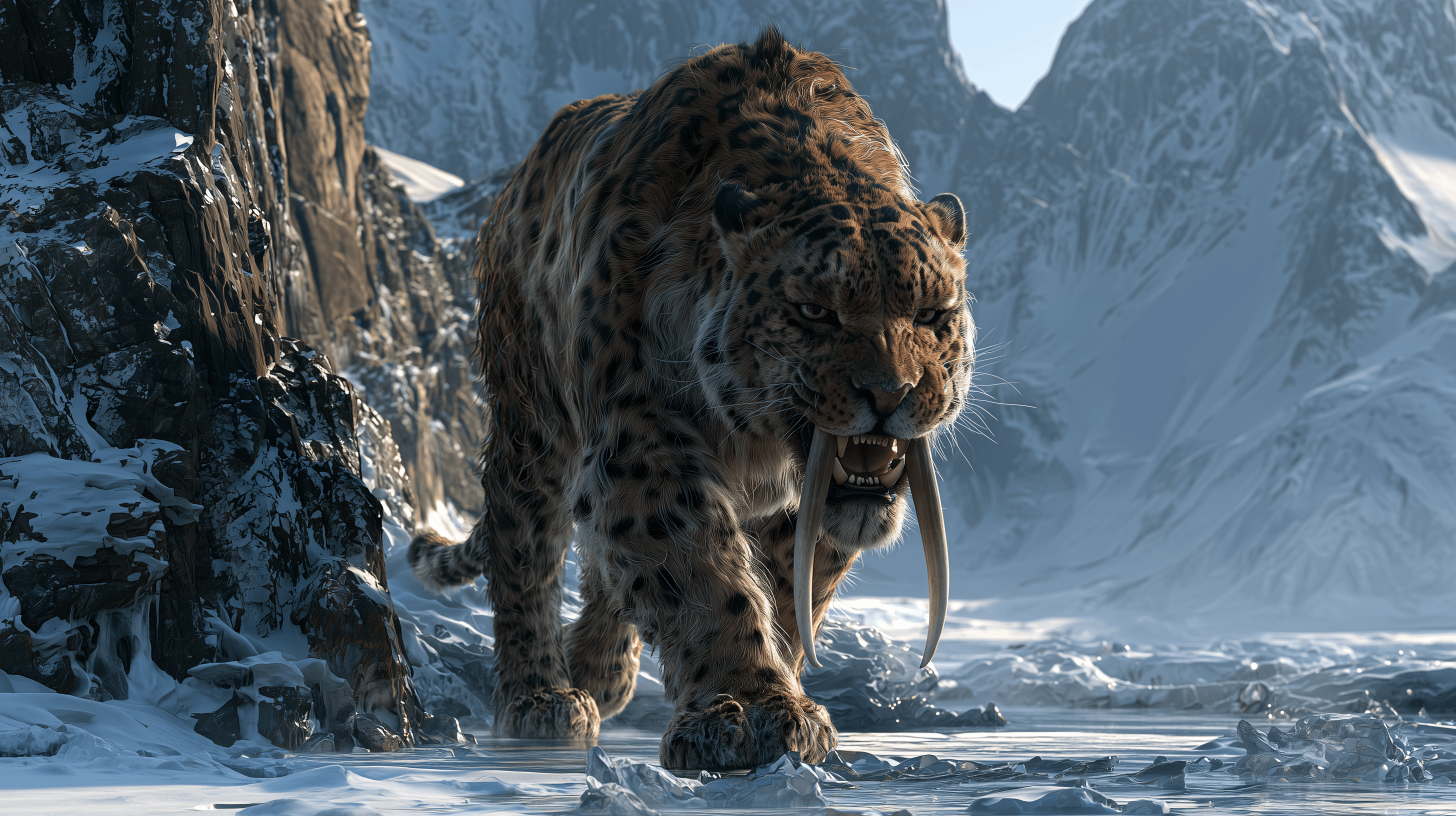 Ein Säbelzahnkatze, die durch eine verschneite Berglandschaft streift.